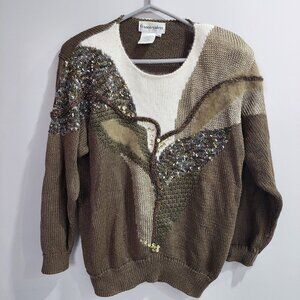 VINTAGE Franco Valeri Women's Size L Abstract Artsy Sequined Beaded Sweater Boho